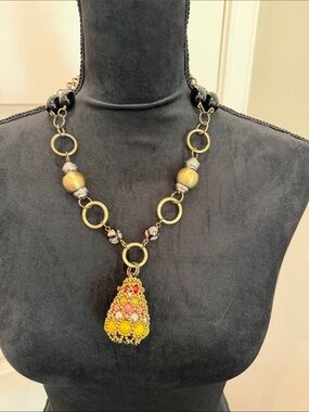Beaded Yellow Statement Pendant Necklace - Designer Style